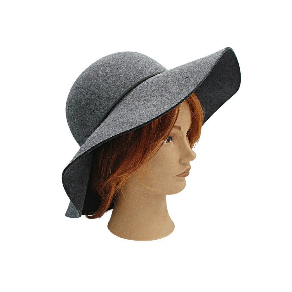 PHENIX Womens Wide Brim Floppy Hat Gray Wool Leather Trim One Size Event Church